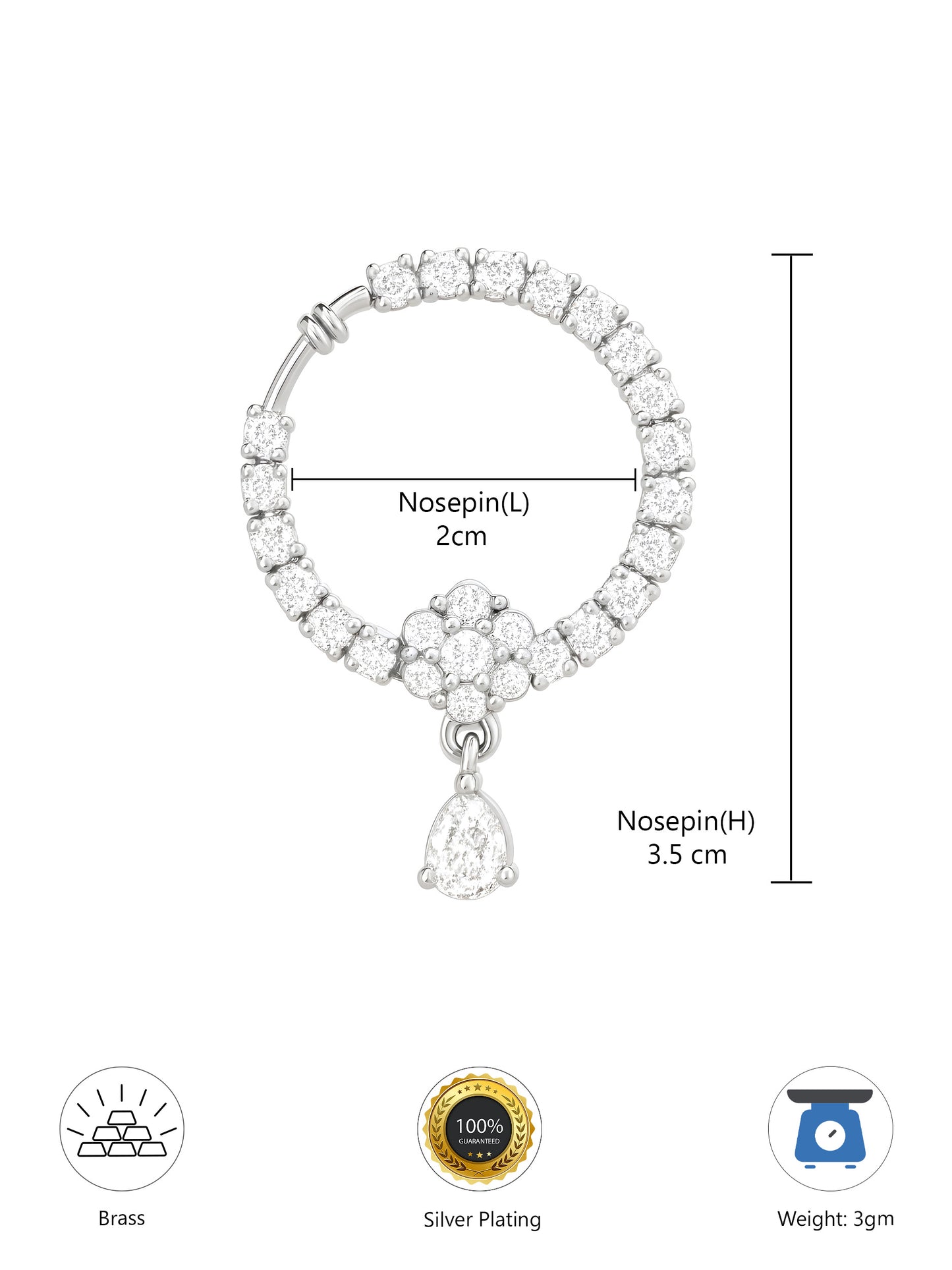 Silver Plated White American Diamond Bridal Floral Drop Nose Ring for Women