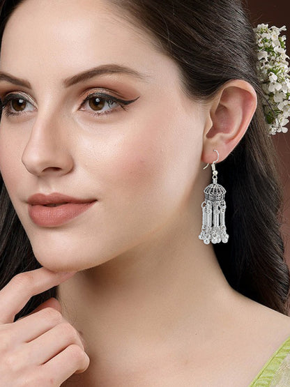 Silver Oxidized Hut Shaped Drop Earrings