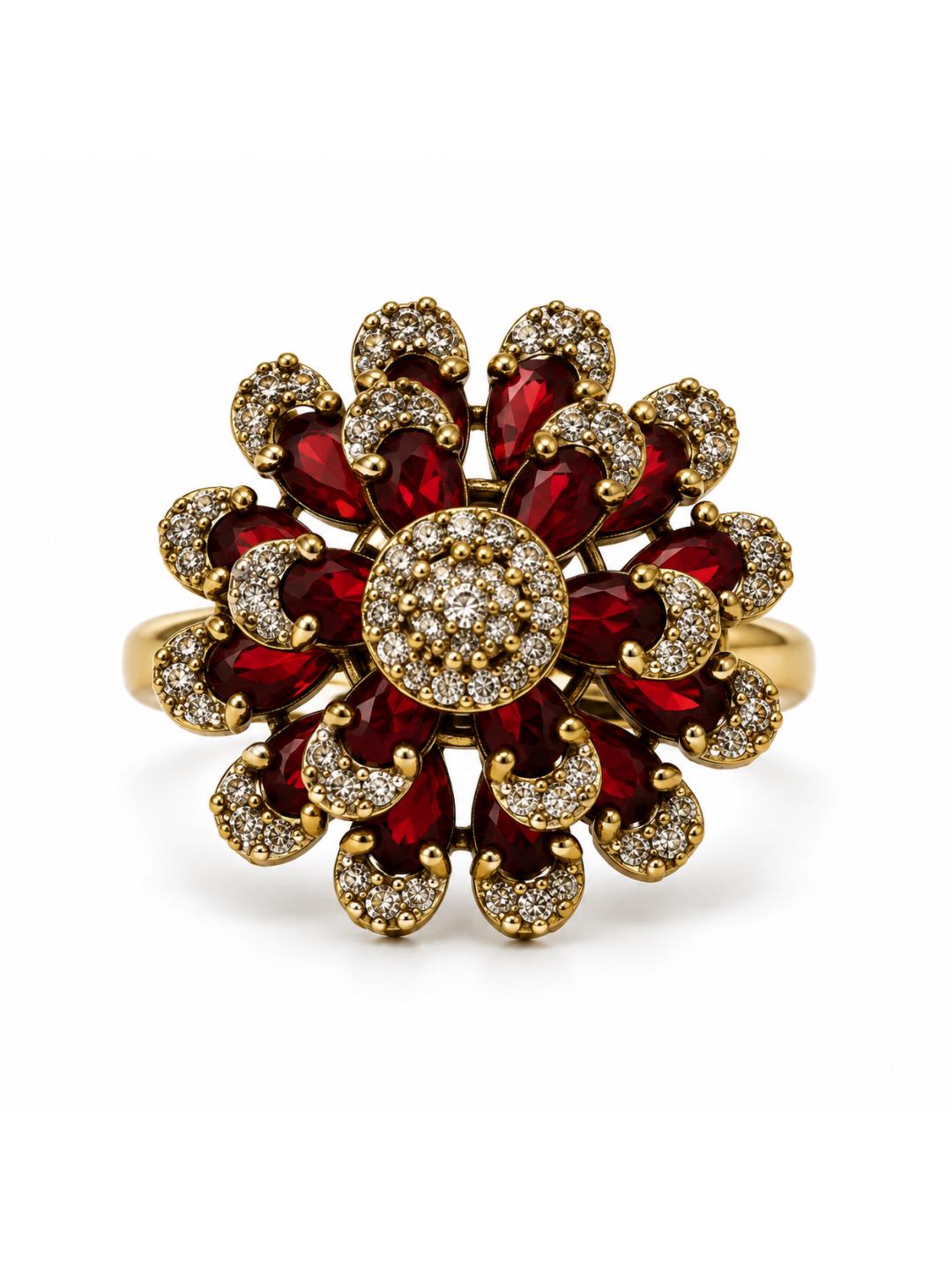 Antique Gold Plated Red AD Floral Finger Ring for Women