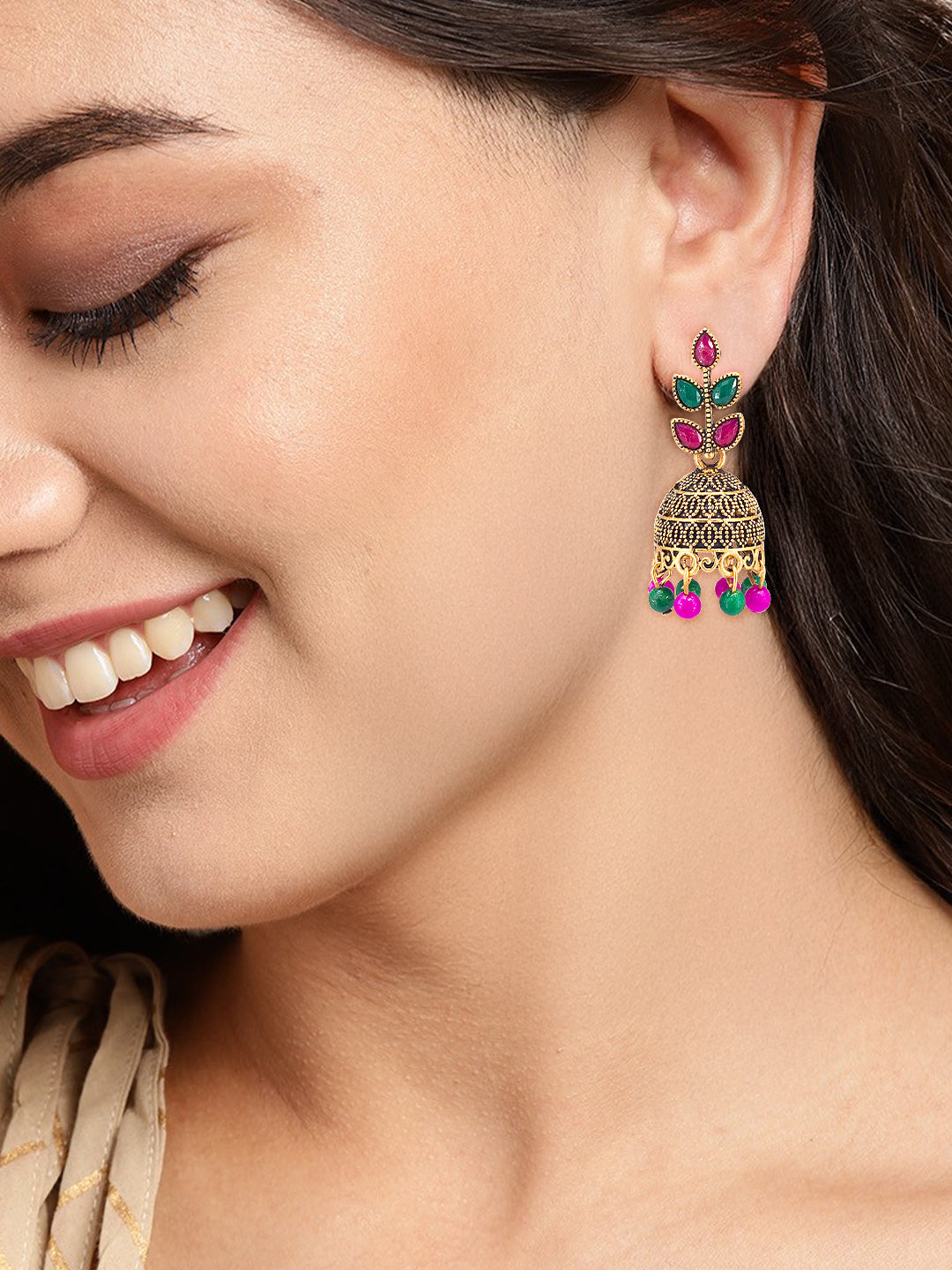 Antique Gold-Plated Leaf Artificial Stone & Beaded Jhumki Earrings