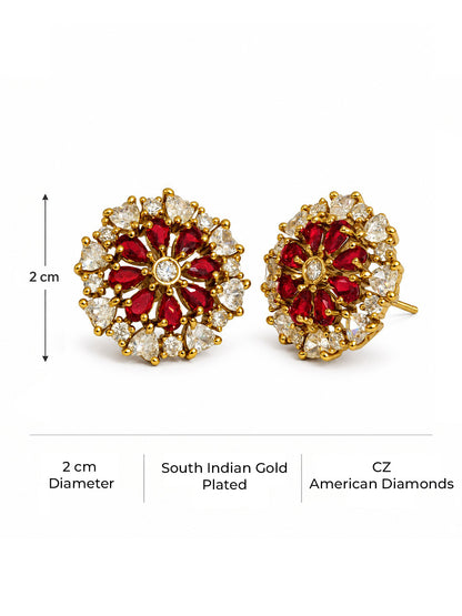 South Indian Gold Plated Red AD Floral Stud Earrings for Women
