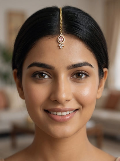 Gold Plated Pink AD Maang Tikka for Women