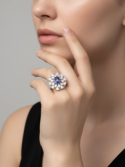 Silver Plated Blue AD Floral Adjustable Ring for Women