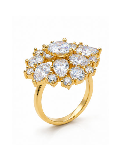 Gold Cluster AD Statement Ring – Pear-Cut Sparkle Design for Women