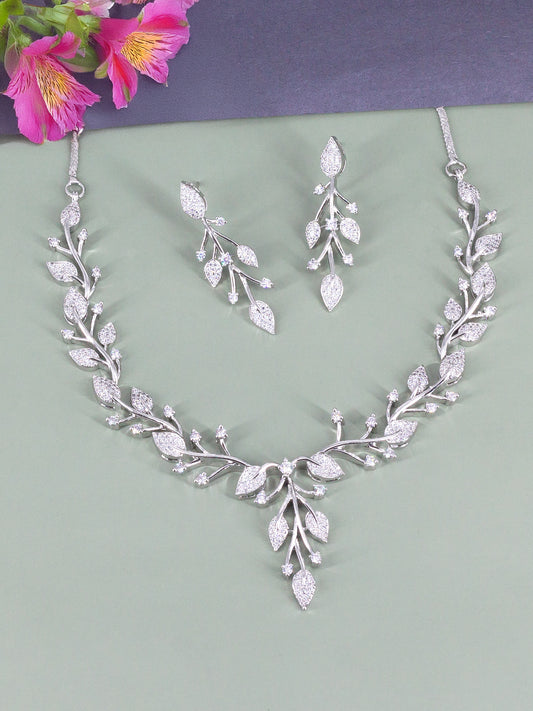 Silver Plated White AD Leaf Designer Jewellery Set
