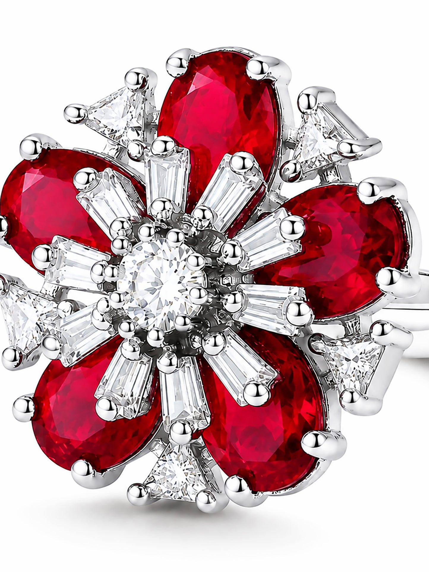 Rhodium Plated Red AD Floral Finger Ring for Women