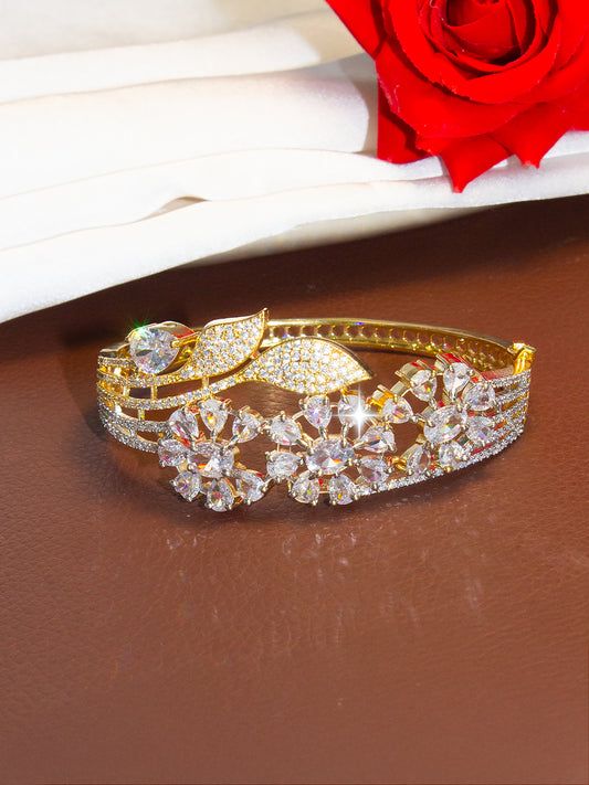 Gold Plated White AD Floral Cuff Bracelet For Women