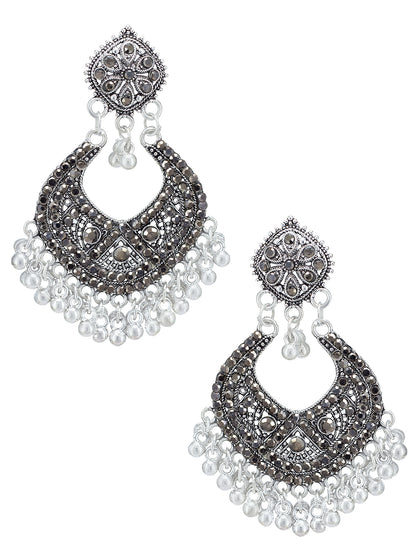 Pack Of 3 Silver-Oxidised Contemporary Artificial Stones Studded Jhumkas