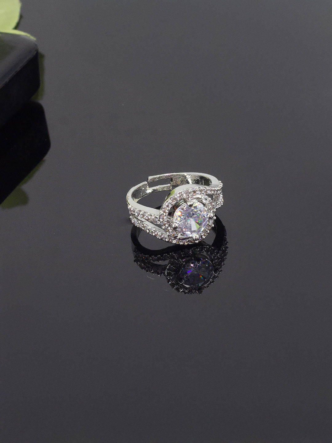 Rhodium Plated Solitaire American Diamond Adjustable Finger Ring
