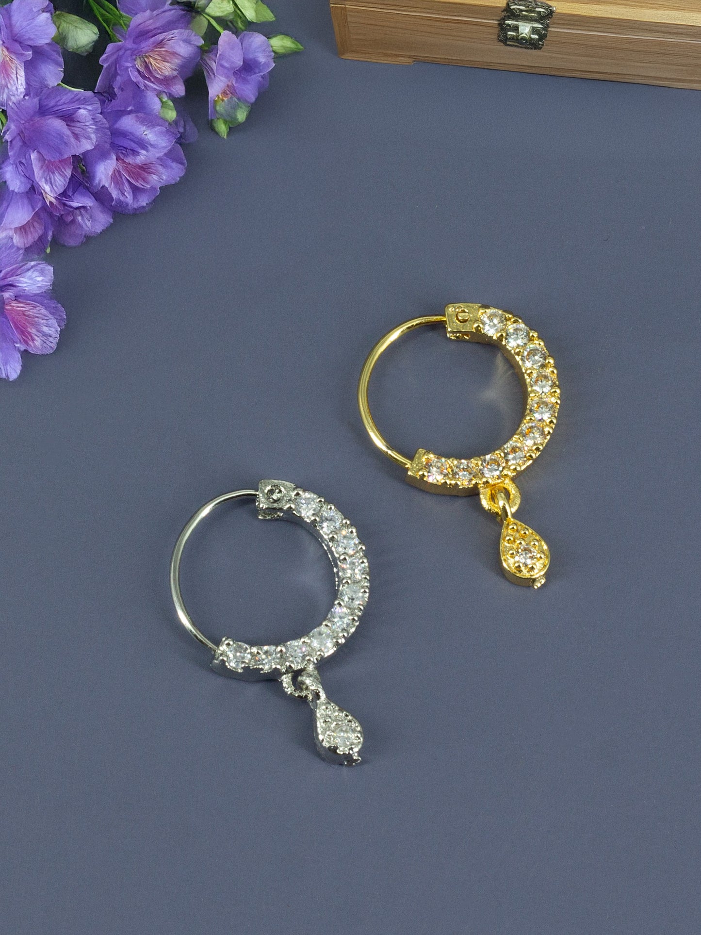 Set of 2 Gold & Silver Plated AD Small Drop Nose ring for Women