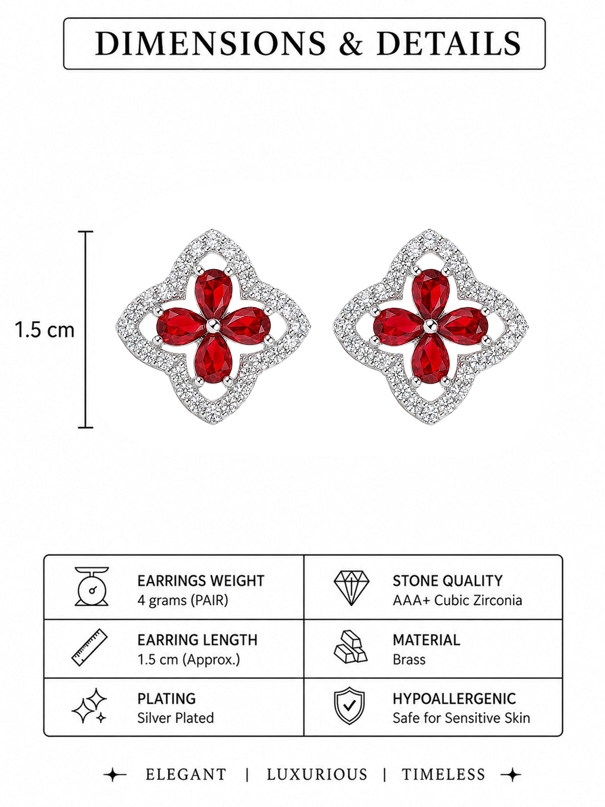 Rhodium Plated Red AD Stud Earrings for Women