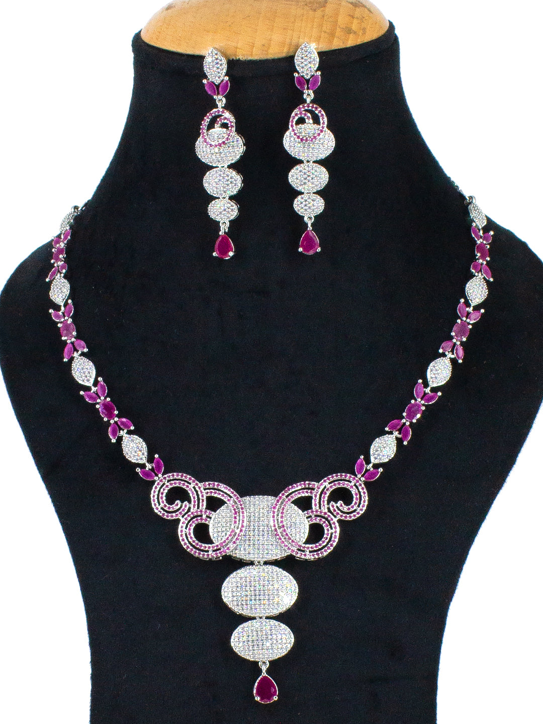 American Diamond Circular Design Pink Drop Jewellery Set For Women And Girls