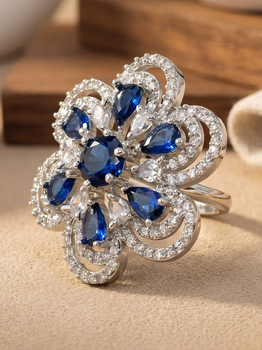 Silver Plated Blue Floral Finger Ring for Women