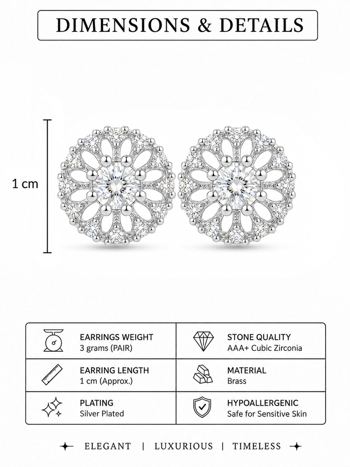 Rhodium Plated AD Stud Earrings for Women