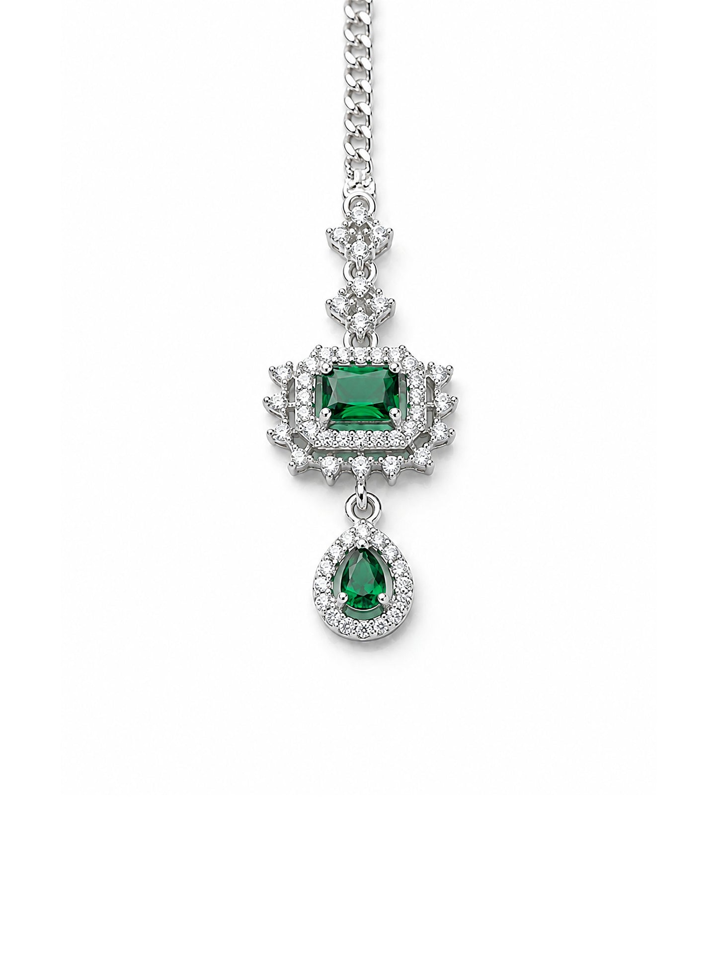 Silver Plated Green AD Maang Tikka for Women