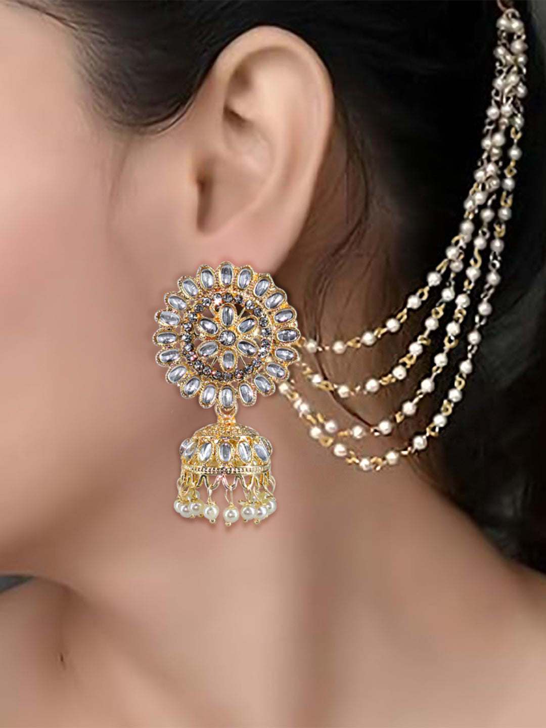 Floral Kundan-Studded & Beads Drop Jhumka Earrings With Ear Chain