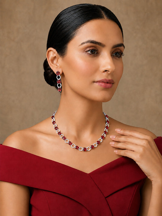 Silver Plated Red AD Choker Set for Women