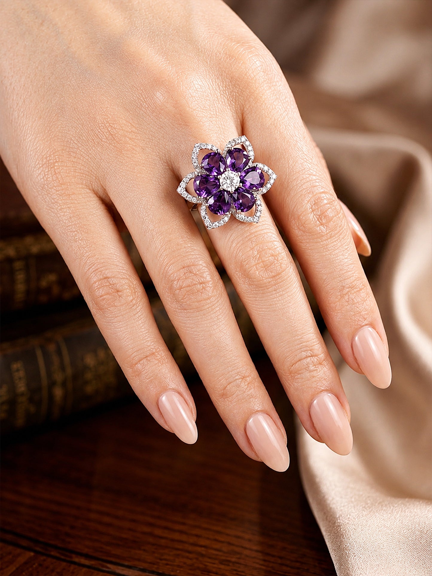 Rhodium Plated Purple AD Floral Finger Ring for Women
