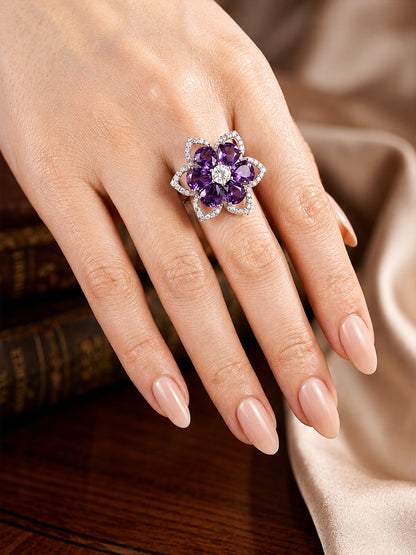 Rhodium Plated Purple AD Floral Finger Ring for Women