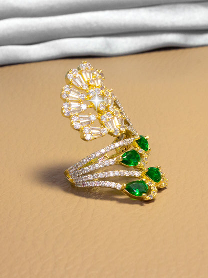Gold Plated Green AD Adjustable Cocktail Ring For Women