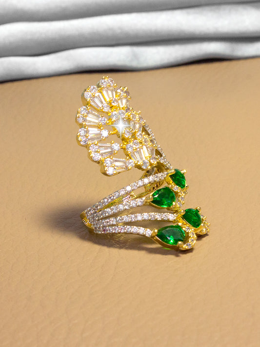 Gold Plated Green AD Adjustable Cocktail Ring For Women