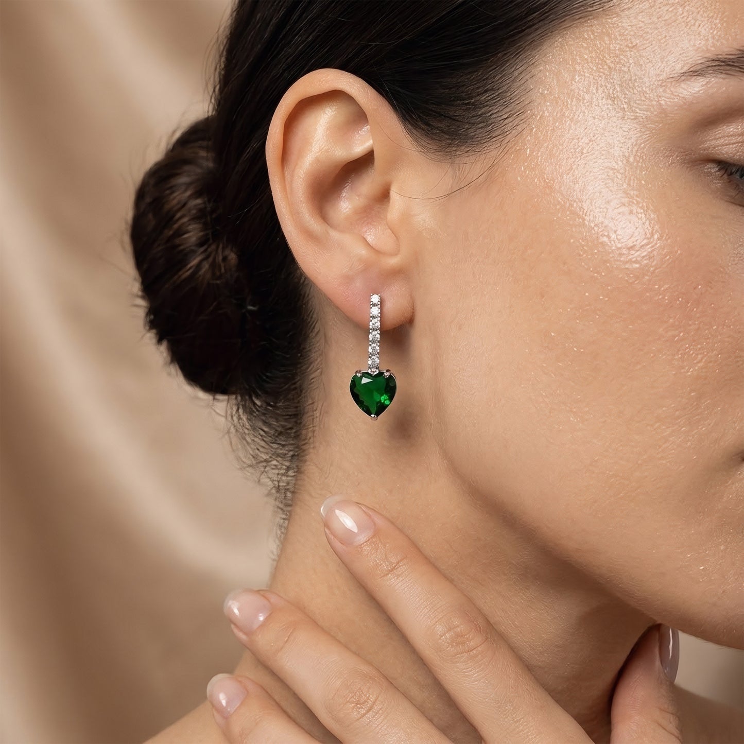 Silver Plated Green Heart AD Drop Earrings for Women