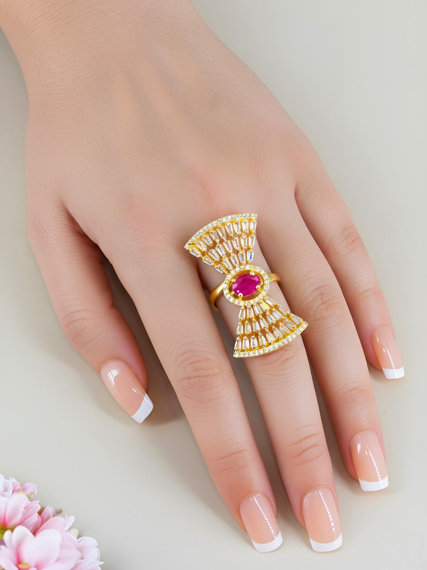 Gold Plated White & Red AD Ring for Women