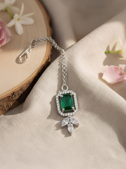 Silver Plated Green AD Maang Tikka for Women