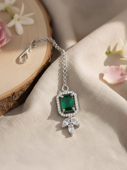 Silver Plated Green AD Maang Tikka for Women