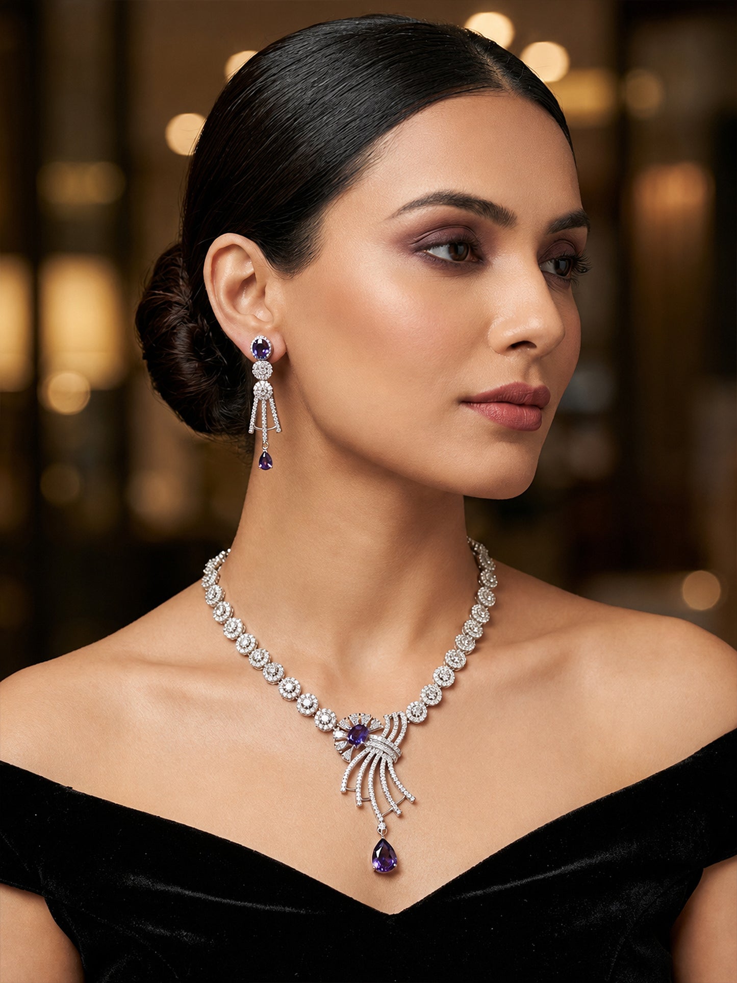 Silver Plated Purple AD Jewellery Set for Women