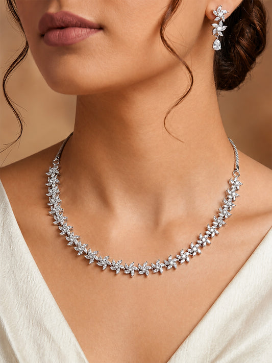 Silver Plated AD Floral Jewellery Set for Women