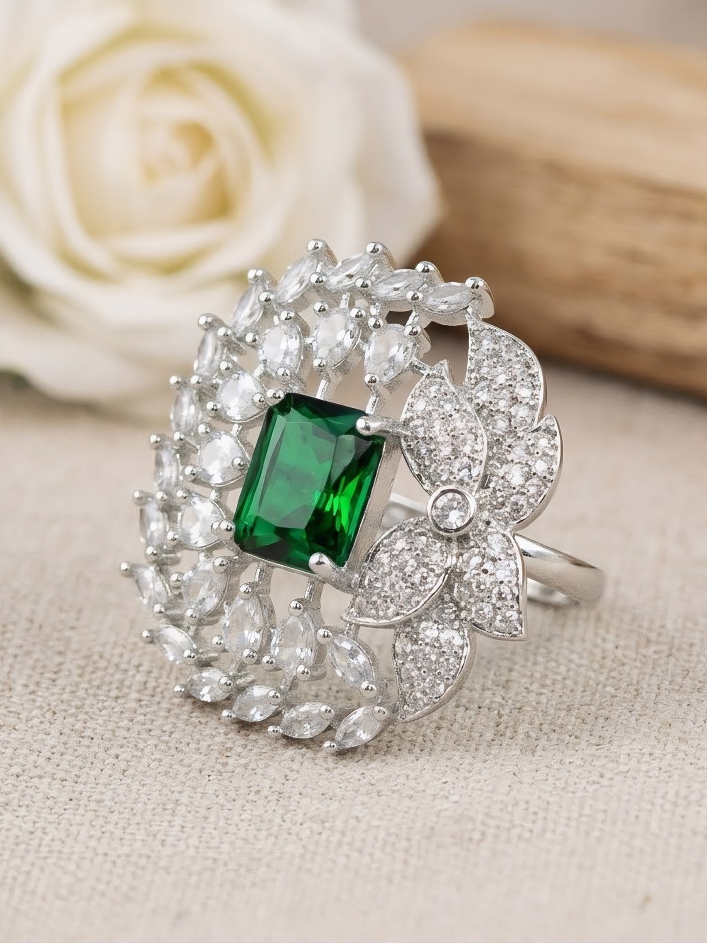 Silver Plated Green AD Finger Ring for Women
