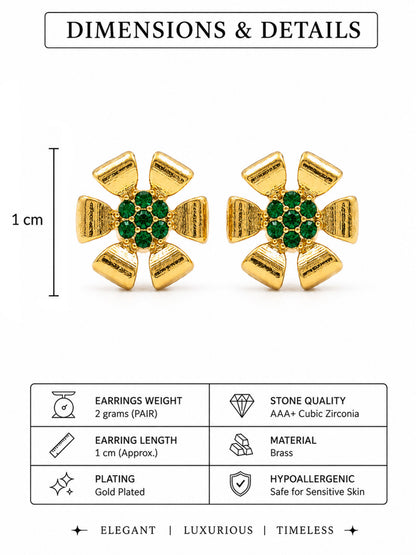 Gold Plated Green AD Floral Stud Earrings for Women