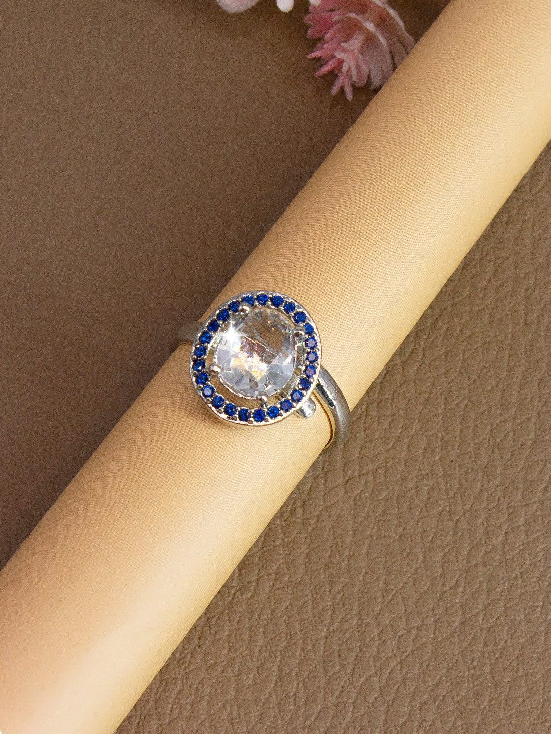 Silver-Plated American-Diamond Studded Adjustable Finger Ring