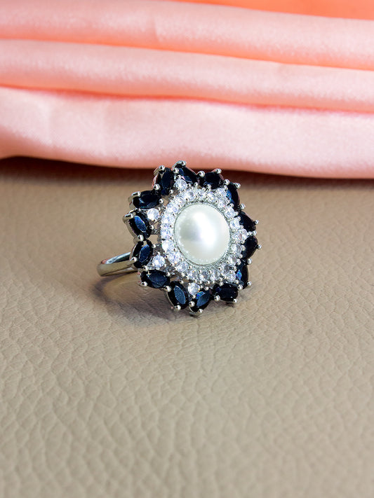 Silver Plated Black AD & Pearl Adjustable Ring