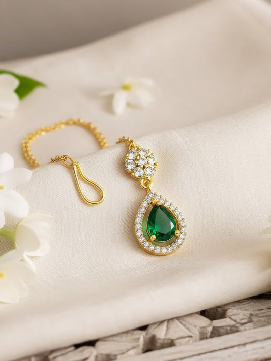 Gold Plated Green AD Teardrop Maang Tikka for Women