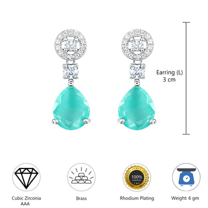 Silver Plated Mint Green AD Drop Earrings for Women