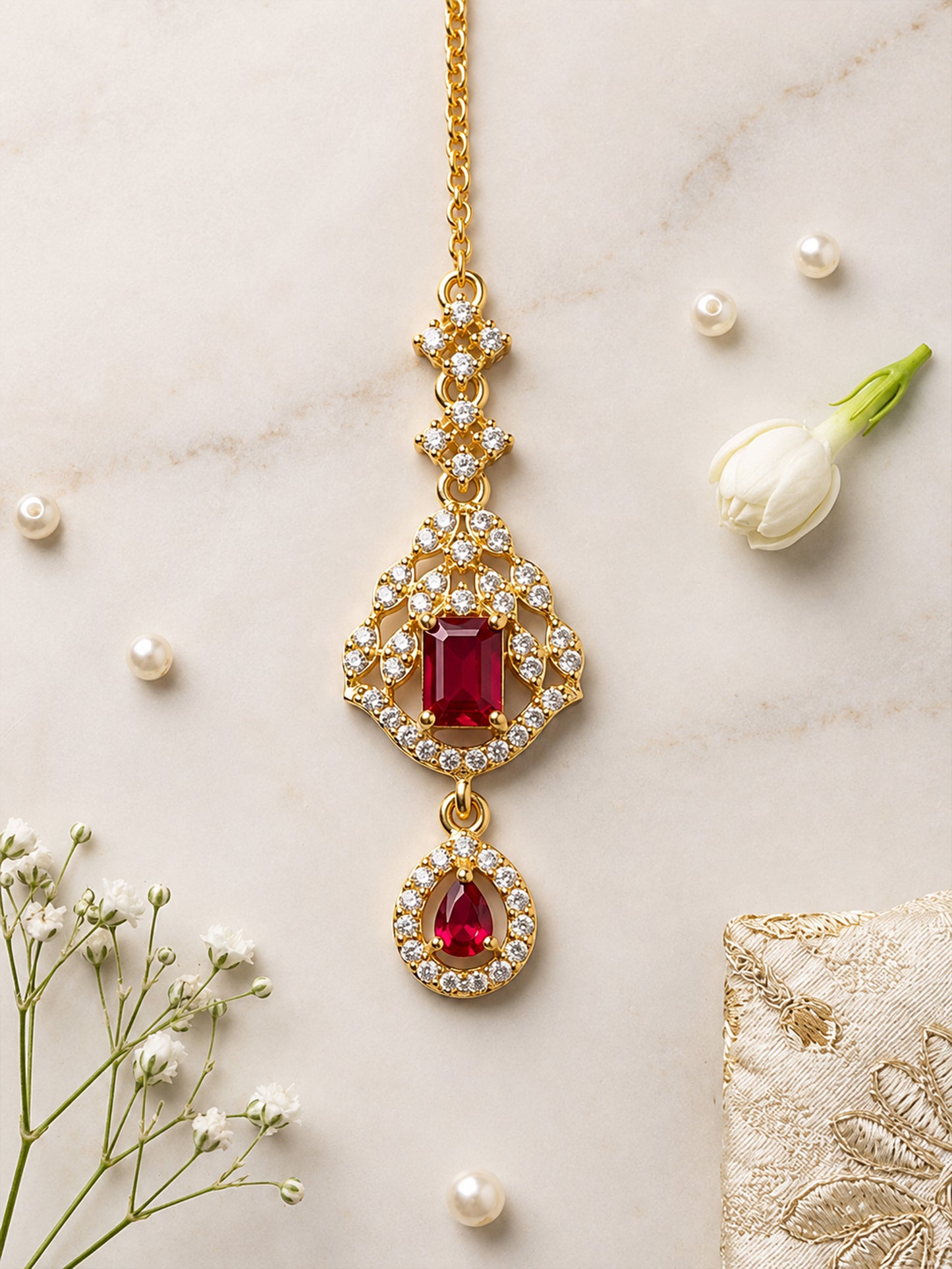Gold Plated Red AD Maang Tikka for Women