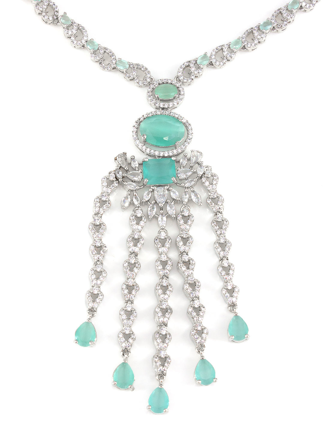 Silver Plated Mint Green AD Designer Jewellery Set