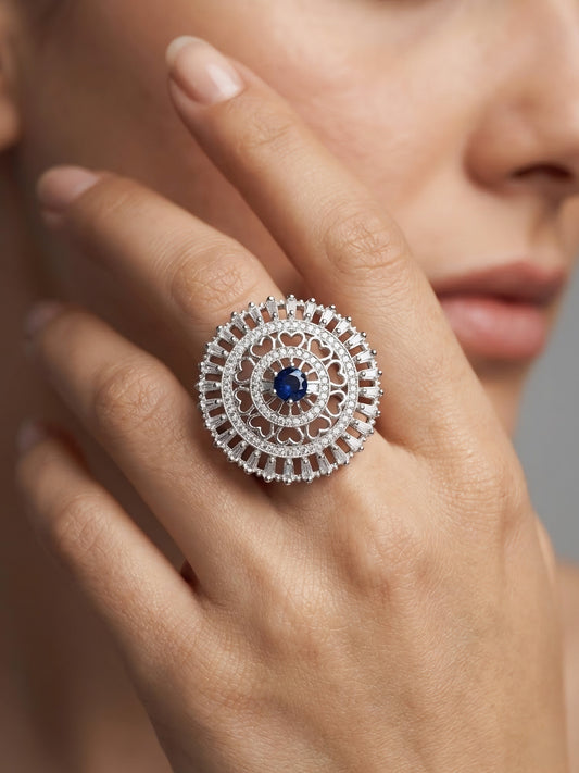 Silver Plated Blue AD Floral Ring for Women