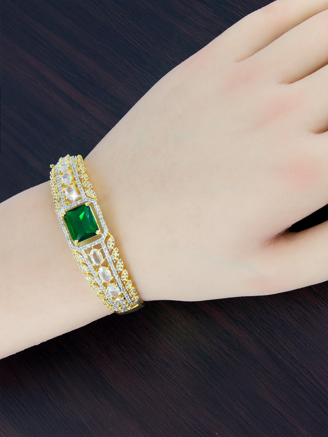 Gold Plated Green AD Cuff Bracelet For Women