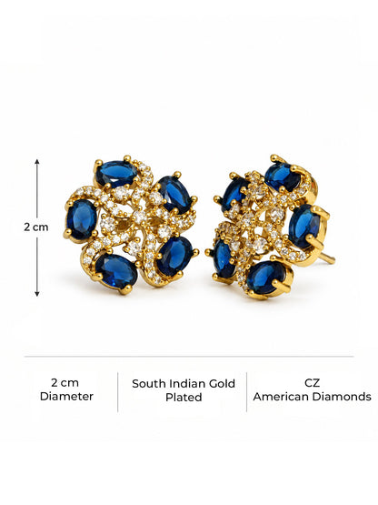 South Indian Gold Plated Blue AD Floral Stud Earrings for Women