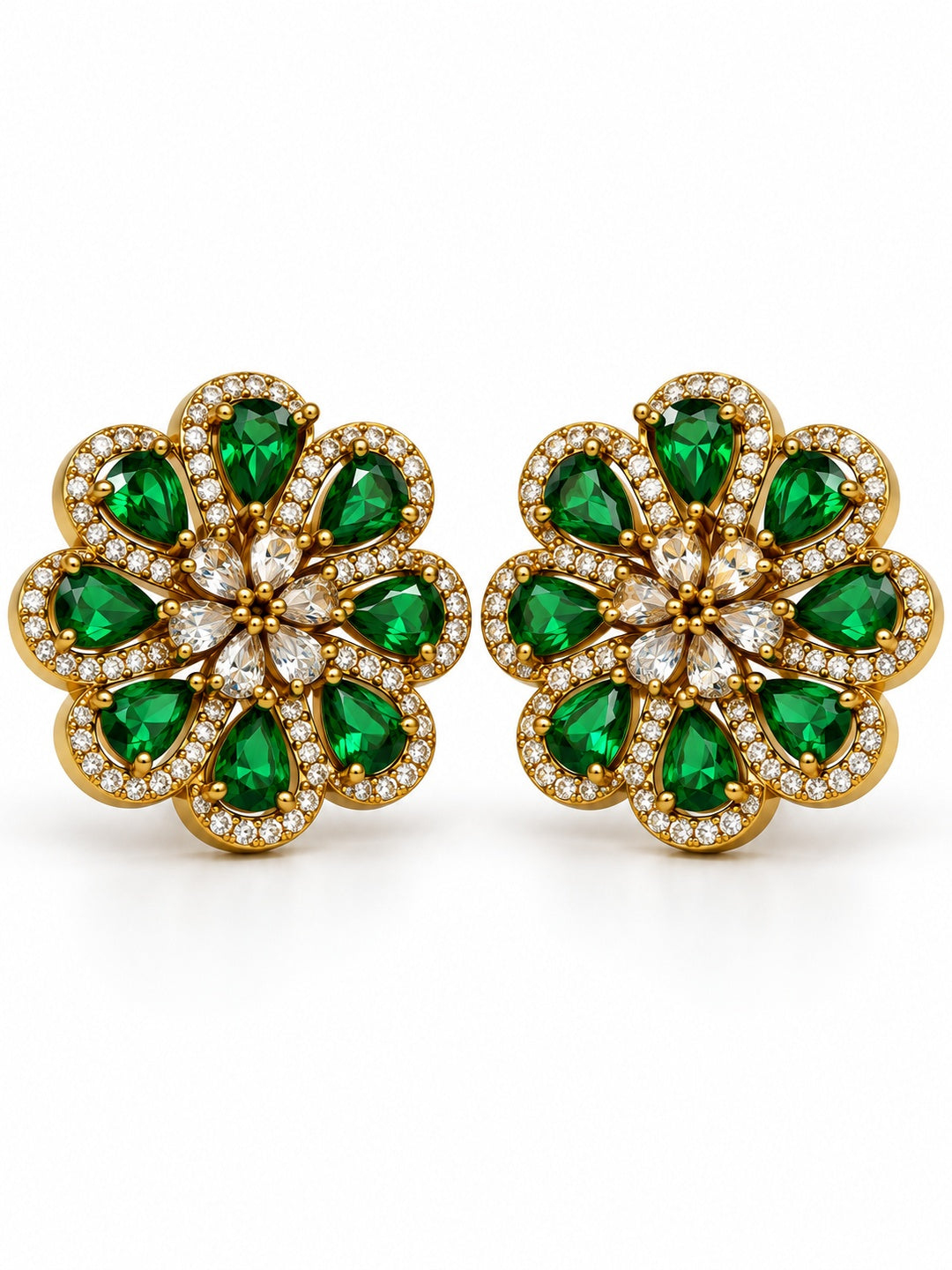 South Indian Gold Plated Green AD Floral Stud Earrings for Women