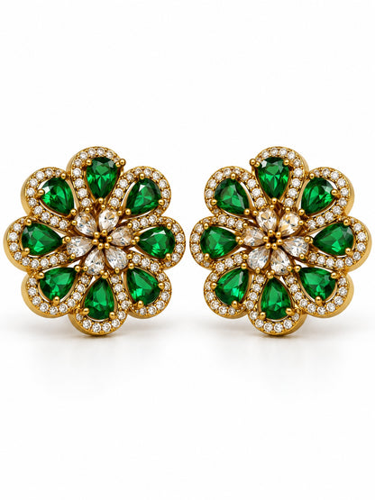 South Indian Gold Plated Green AD Floral Stud Earrings for Women