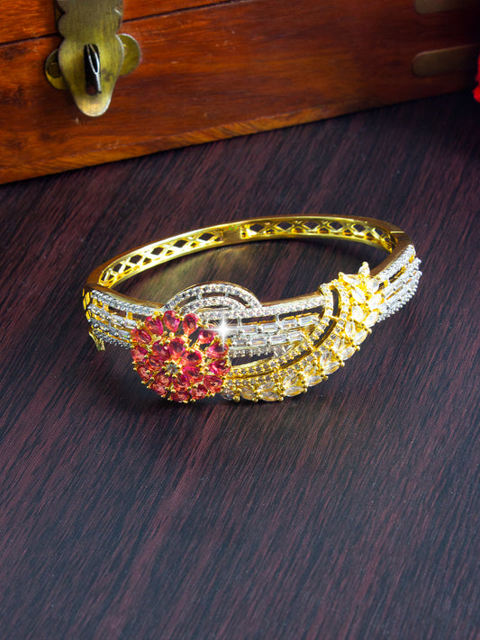 Gold Plated Ruby Floral Cuff Bracelet For Women