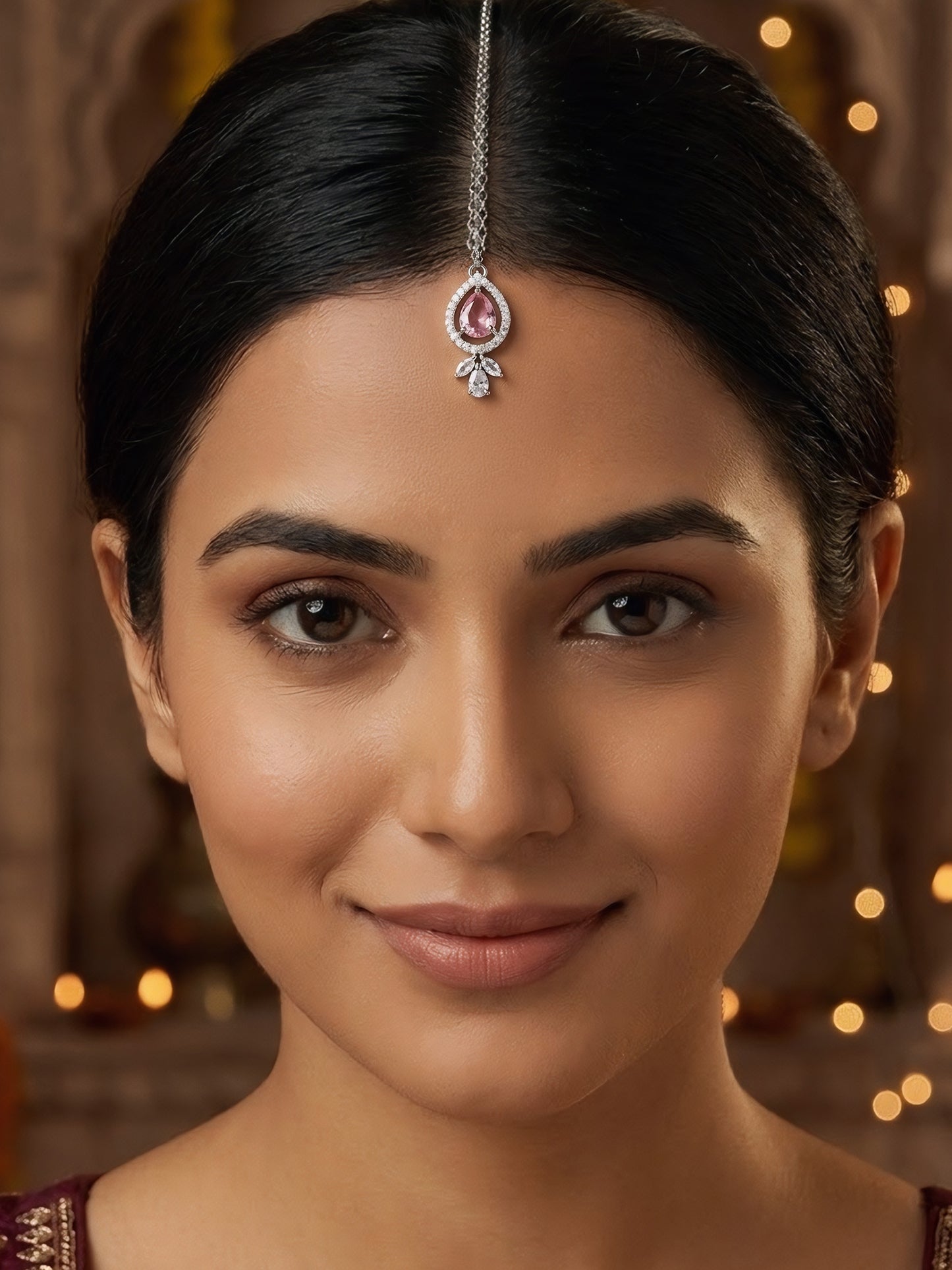 Silver Plated Pink AD Maang Tikka for Women