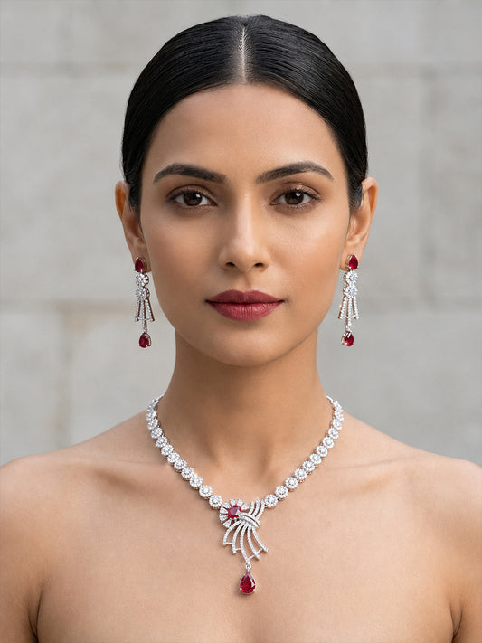 Silver Plated Red AD Jewellery Set for Women