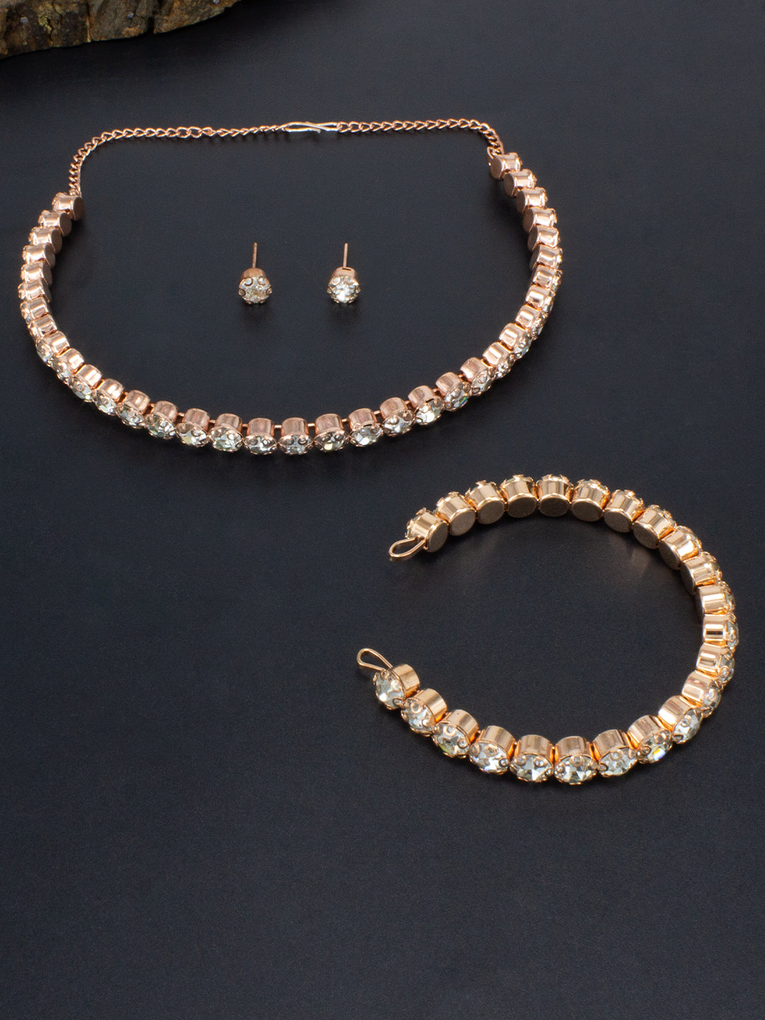 Rose Gold Trendy Rhinestone Jewellery Set with Bracelet