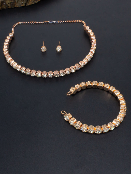 Rose Gold Trendy Rhinestone Jewellery Set with Bracelet