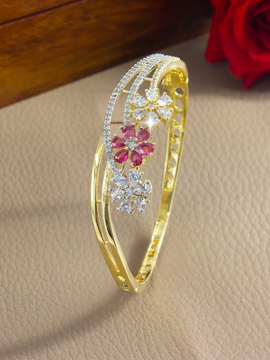 Gold Plated Ruby Floral Cuff Bracelet For Women